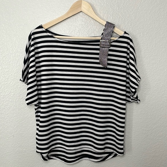 Striped Tee with Sparkle Shoulder Detail | Black & White | Large - Picture 1 of 7